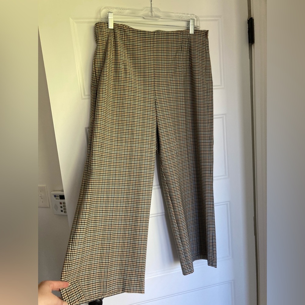 GORGEOUS tan, teal, and brown small-plaid office pants from LOFT